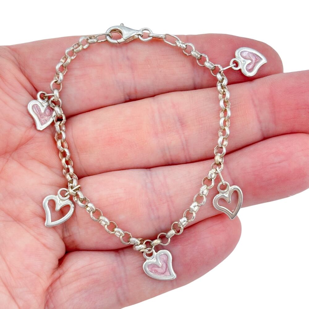 Vintage Sterling Silver 925 Pink Heart Charm Bracelet 7"